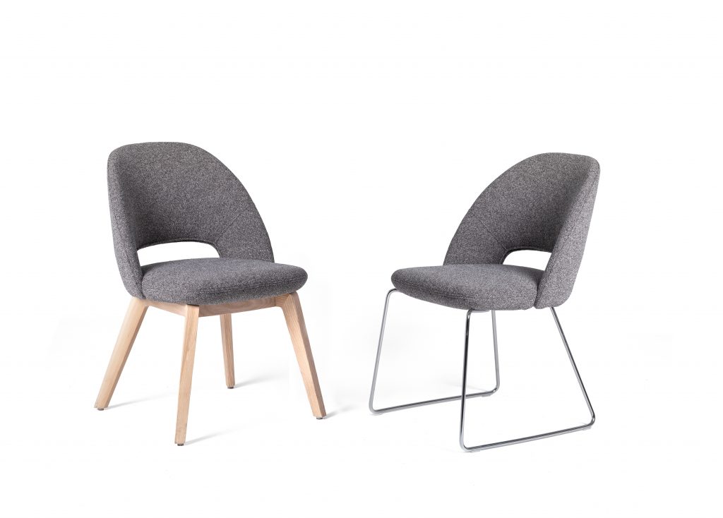 Koláž čalouněných jídelních židlí Luk s dřevným a kovovým podnožím, isometrický pohled zepředu